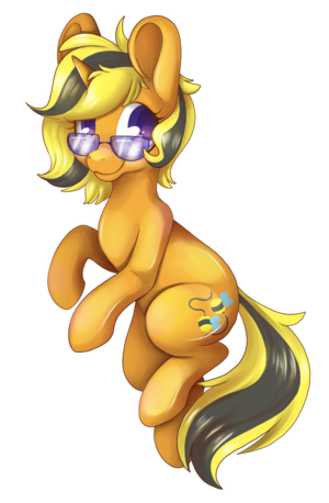 A drawing of Honeybloom. She is an orange My Little Pony style unicorn with orange fur, purple eyes, and a yellow-and-black mane and tail. Her cutie mark is a pair of bees, and she wears half-moon glasses with purple frames.